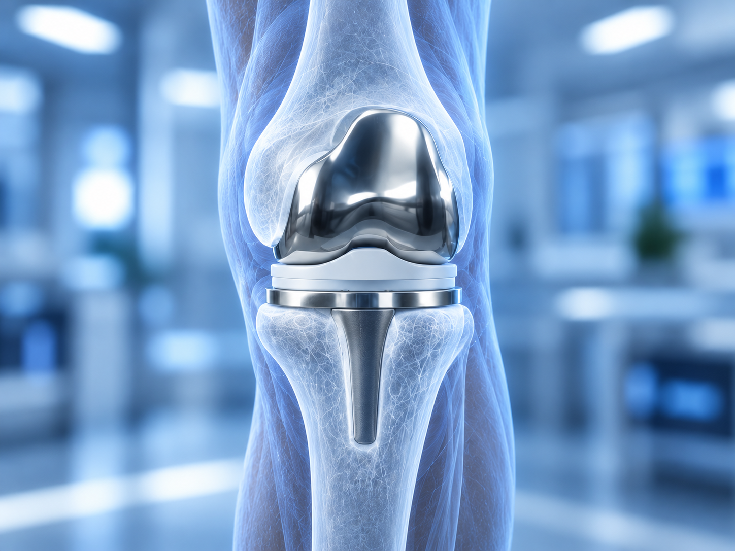 Total knee replacement implant within transparent knee anatomy