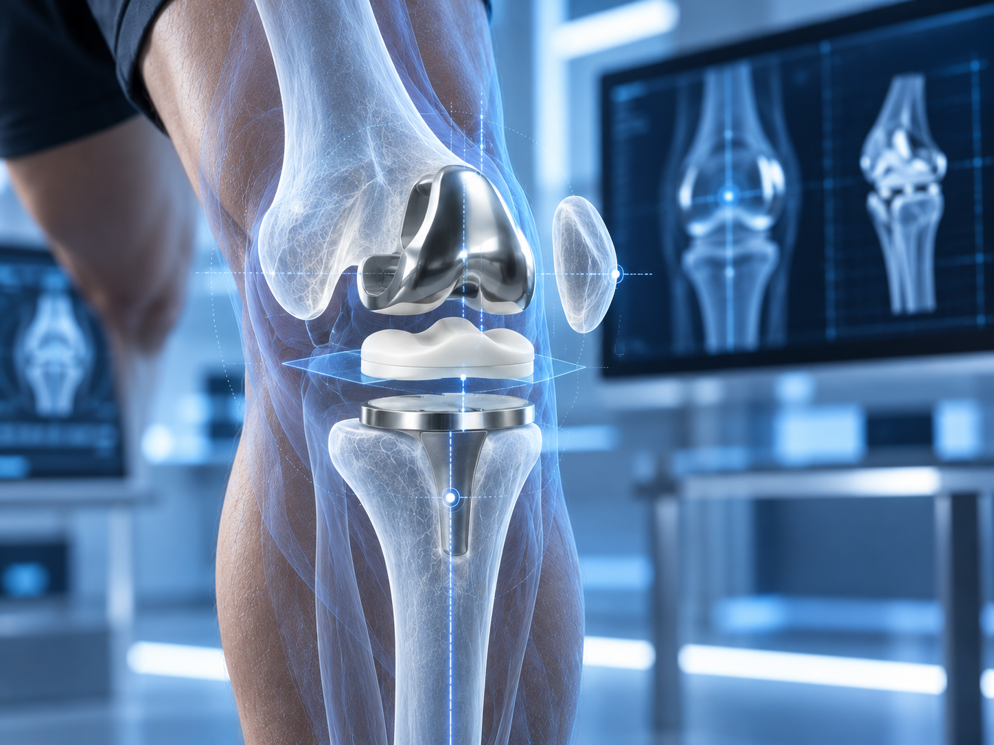 Exploded total knee replacement implant components