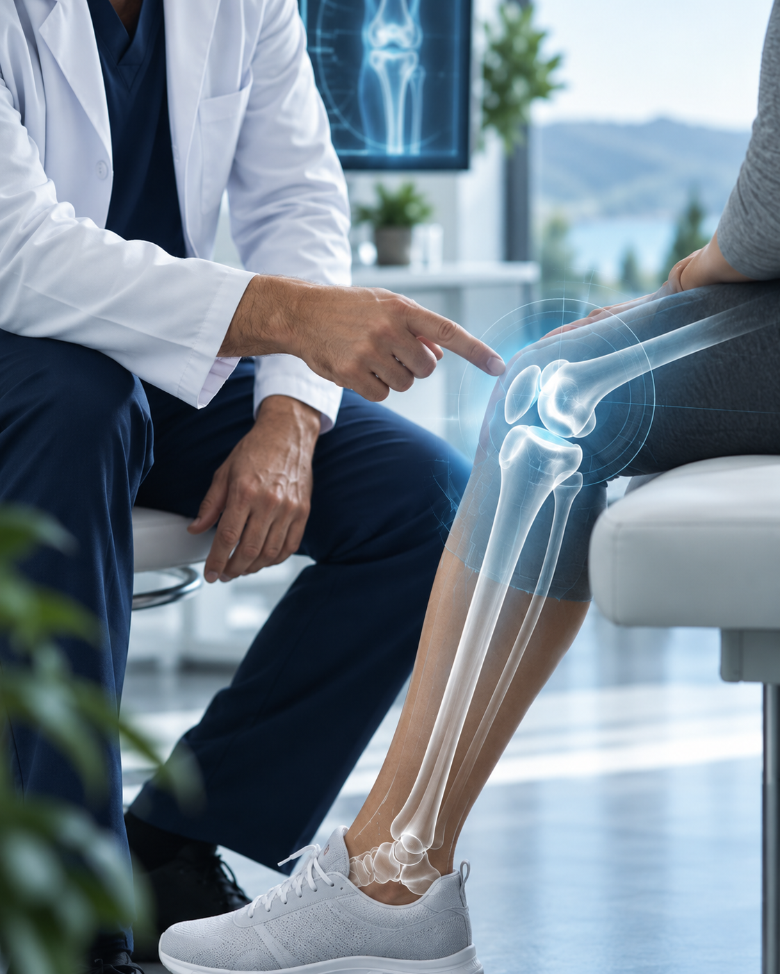 Orthopedic knee consultation with transparent bone anatomy