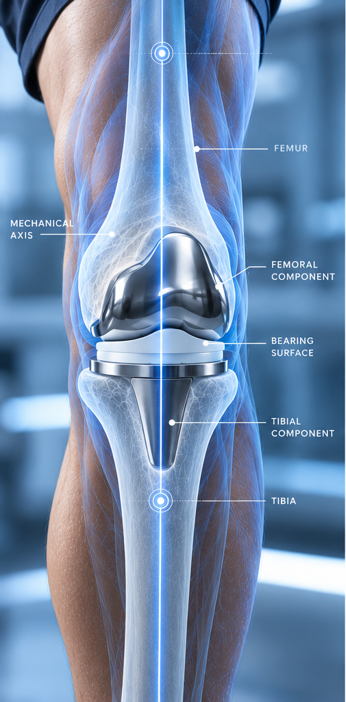 Knee joint replacement showing implant components and mechanical alignment